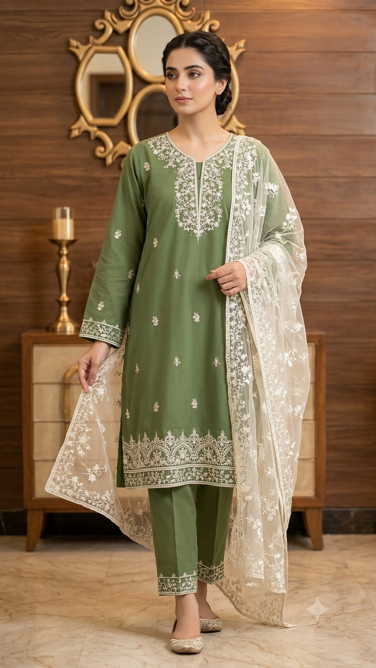 3-Piece Embroidered Olive Green Lawn Suit with Dupatta – Maleeha Collection (14th August Special Sale)