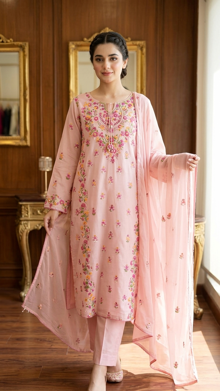 3-Piece Floral Embroidered Pink Lawn Suit with Mirror Work Neckline & Chiffon Dupatta – Special Deal