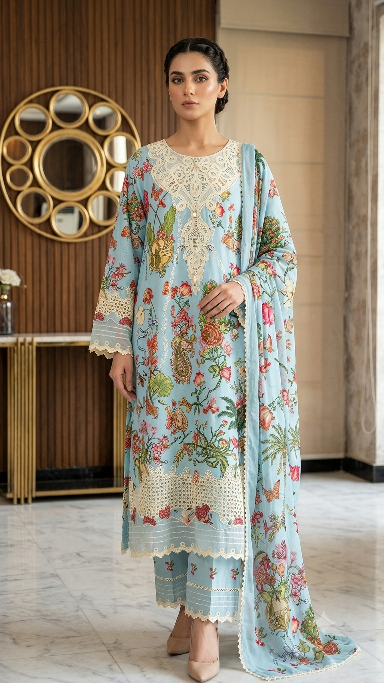3-Piece Floral Printed Lawn Suit with Neckline Lace Patch, Embroidered Trouser & Chiffon Dupatta – Maleeha Collection Sale