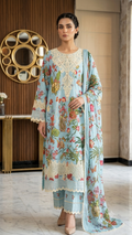 3-Piece Floral Printed Lawn Suit with Neckline Lace Patch, Embroidered Trouser & Chiffon Dupatta – Maleeha Collection Sale