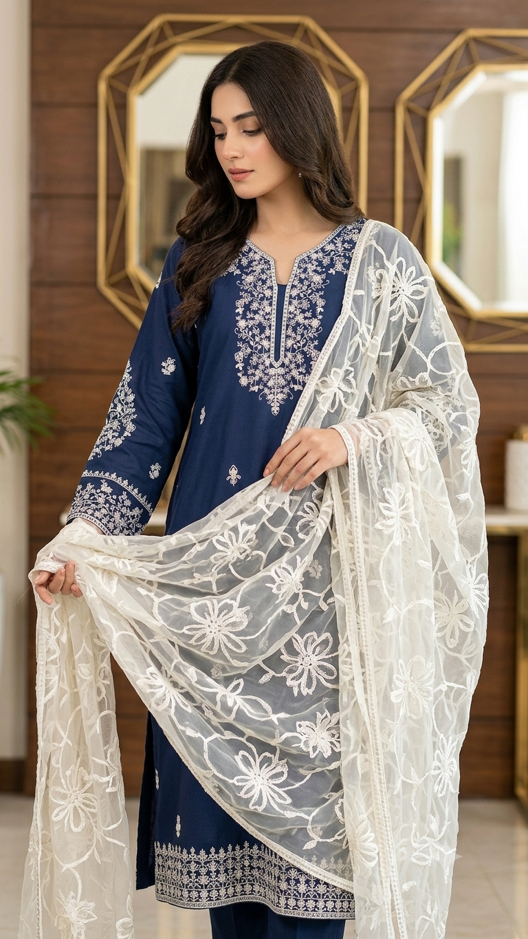 3-Piece Deep Navy Embroidered Lawn Women's Suit with Off-White Net Dupatta - Maleeha Collection