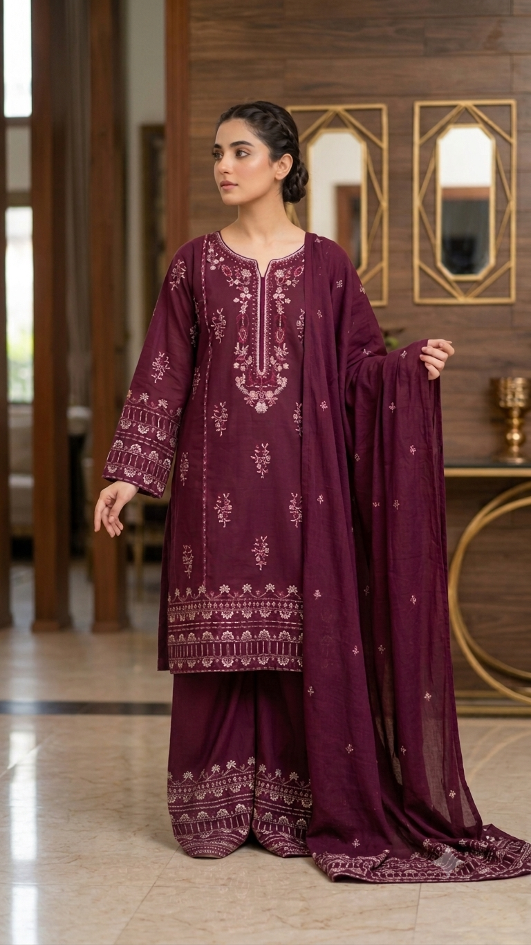 2-Piece Embroidered Pure Lawn Suit with Shalwar – Maleeha Collection