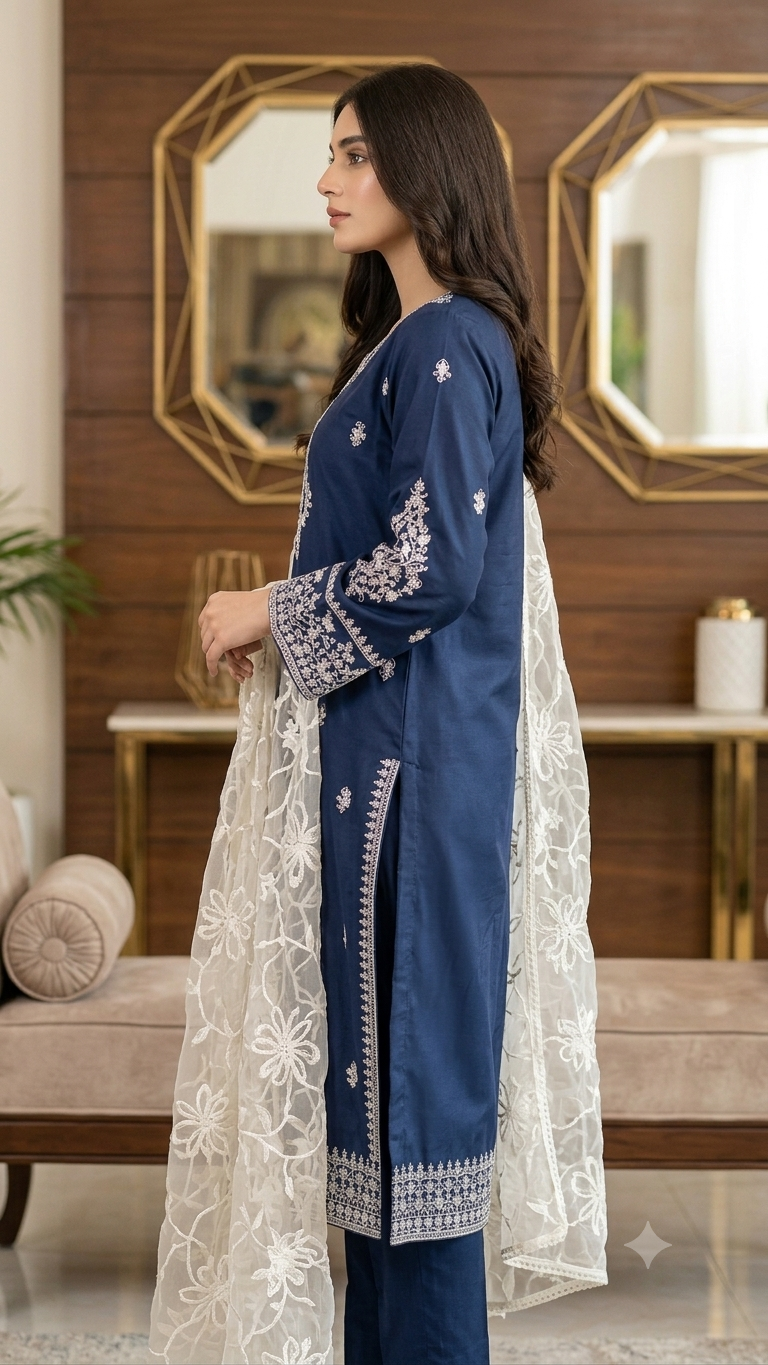 3-Piece Deep Navy Embroidered Lawn Women's Suit with Off-White Net Dupatta - Maleeha Collection
