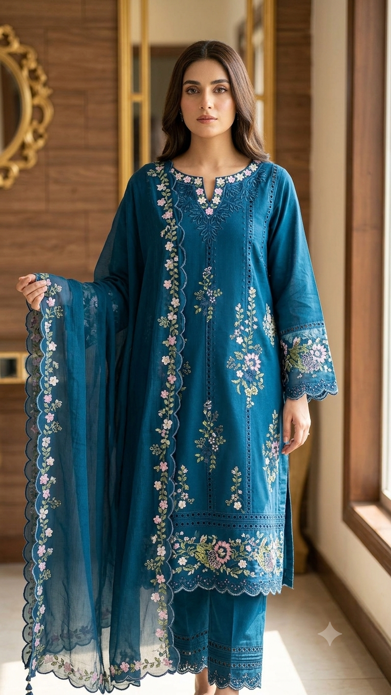 3-Piece Embroidered Lawn Suit with Chiffon Dupatta & Chikankari Details – Maleeha Collection Special Sale