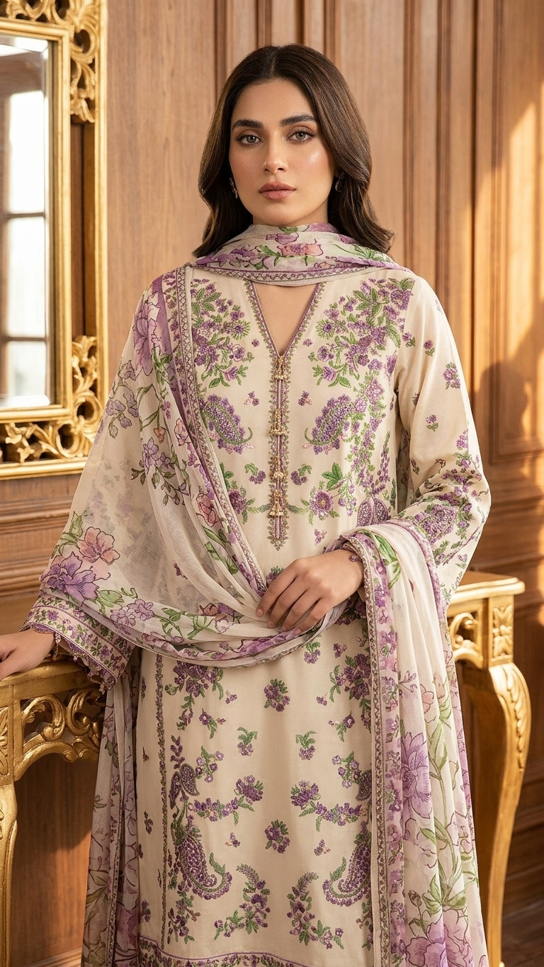 3-Piece Embroidered Lawn Suit with Chiffon Dupatta and Embroidered Details