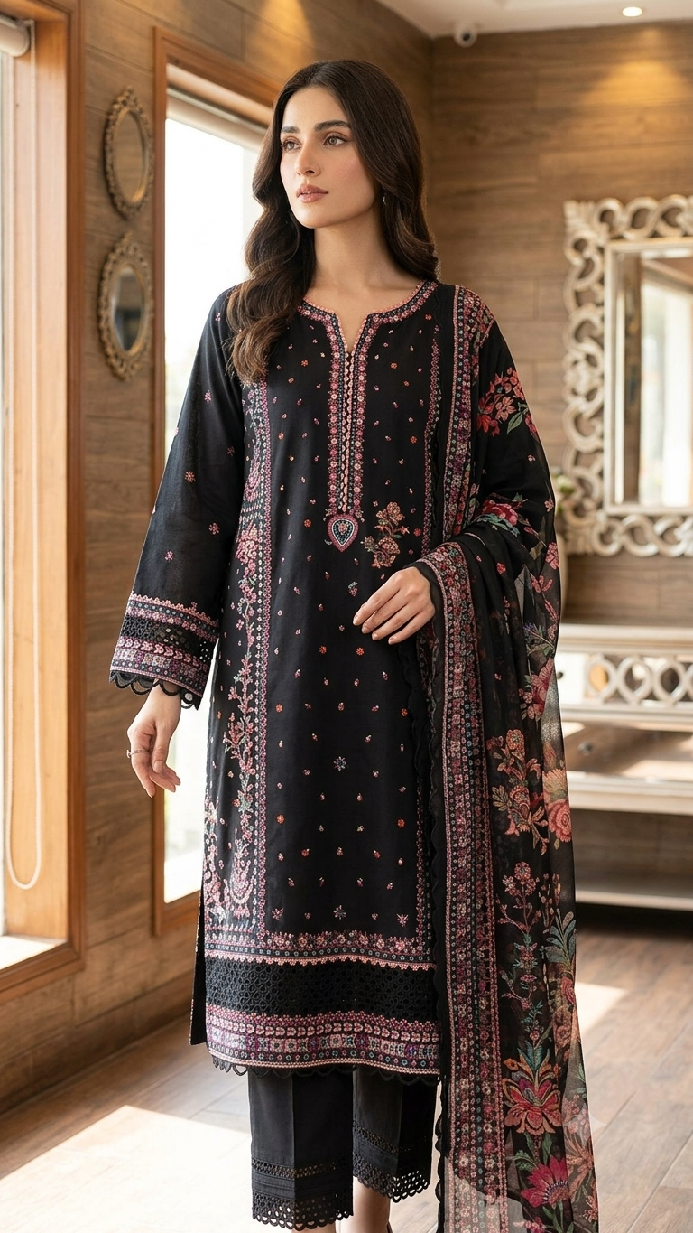 Maria B. 3-Piece Black Lawn Suit with Chiffon Dupatta and Embroidered Details