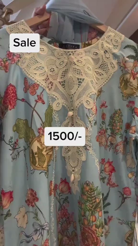 3-Piece Floral Printed Lawn Suit with Neckline Lace Patch, Embroidered Trouser & Chiffon Dupatta – Maleeha Collection Sale