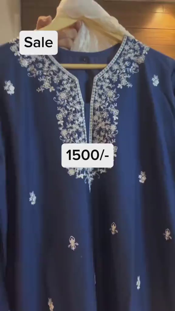 3-Piece Deep Navy Embroidered Lawn Women's Suit with Off-White Net Dupatta - Maleeha Collection
