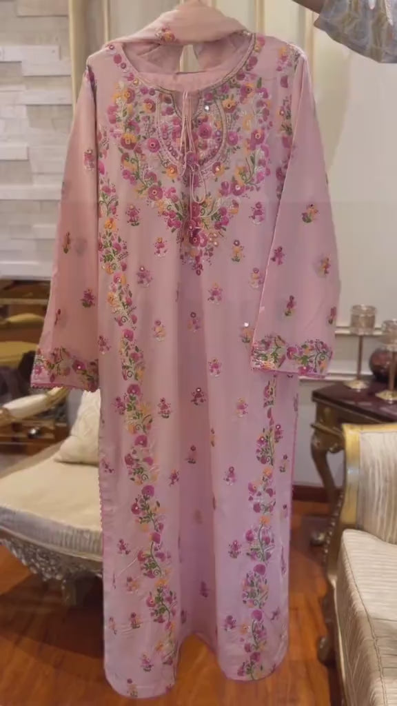 3-Piece Floral Embroidered Pink Lawn Suit with Mirror Work Neckline & Chiffon Dupatta – Special Deal