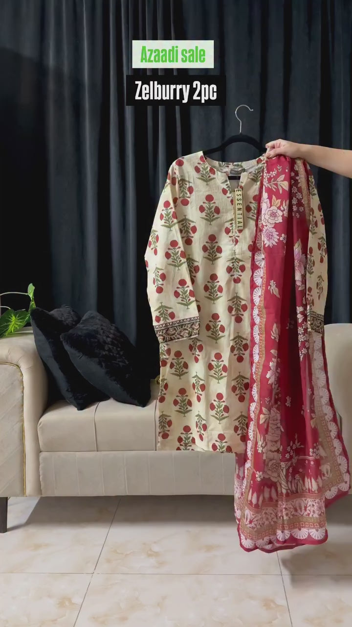 Classic Floral Printed Lawn 2-Piece Suit with Chiffon Dupatta | Maleeha Collection