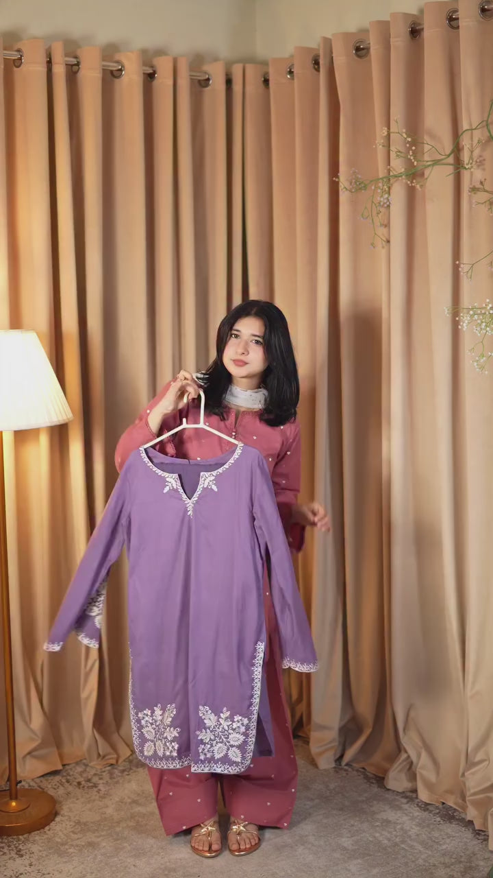 Elegant Purple Embroidered Lawn 3-Piece Suit with Chiffon Dupatta | Maleeha Collection