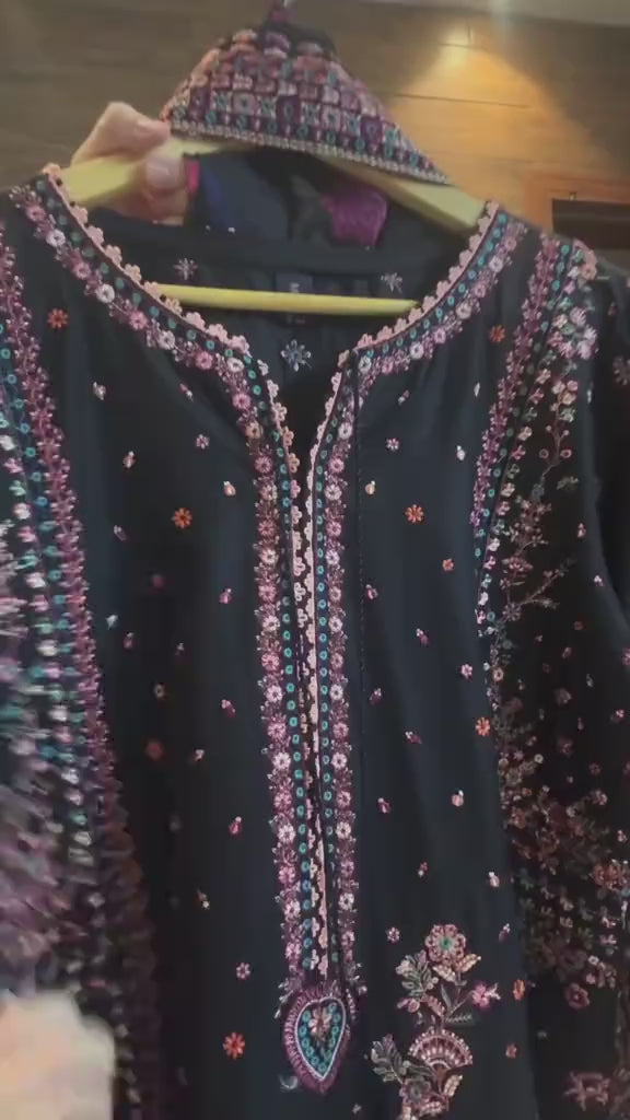 Maria B. 3-Piece Black Lawn Suit with Chiffon Dupatta and Embroidered Details