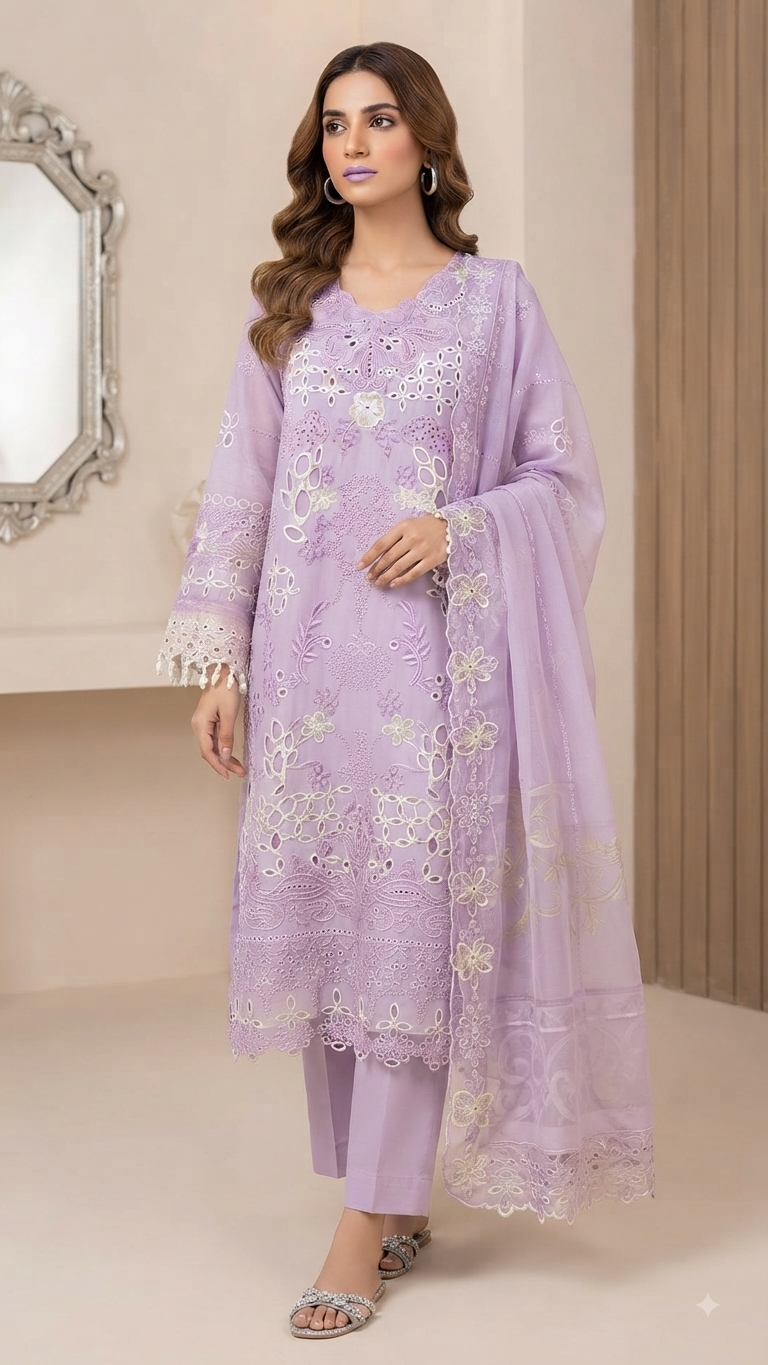 Ethereal Lilac Laser-Cut Embroidered Lawn 3-Piece Suit | Maleeha Collection