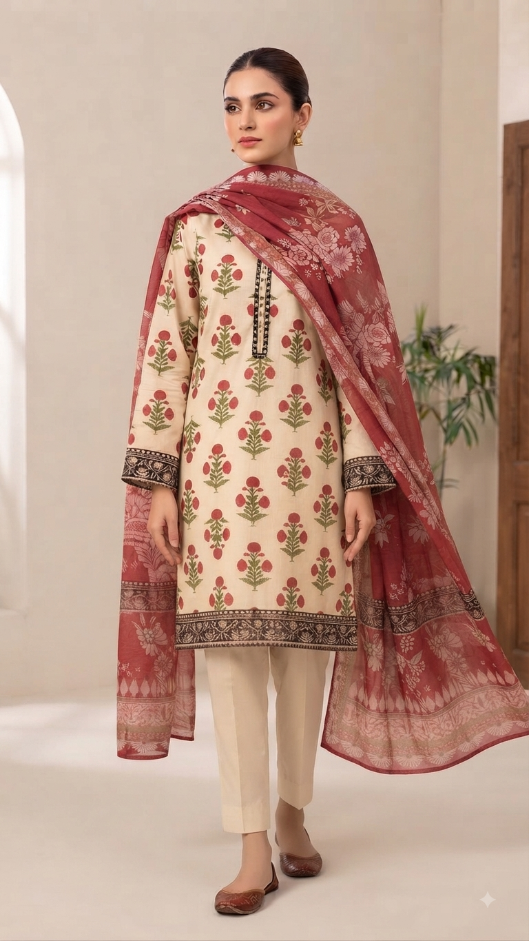 Classic Floral Printed Lawn 2-Piece Suit with Chiffon Dupatta | Maleeha Collection
